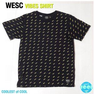 WeSC Vibes T-shirt Men's Large Women's XL Black tee yellow VIBES all over print